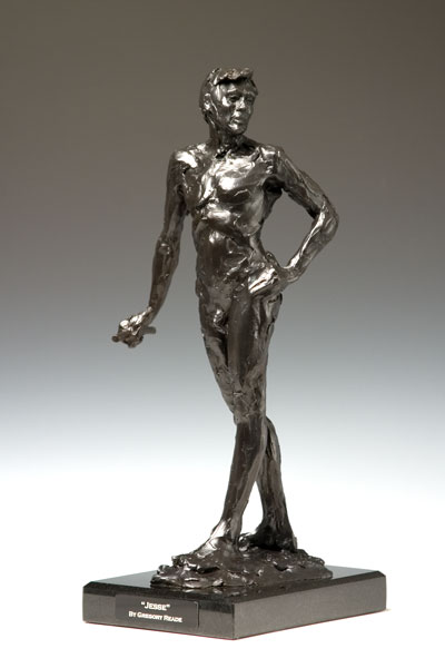 Jesse standing sculpture bronze male sculpture leftview